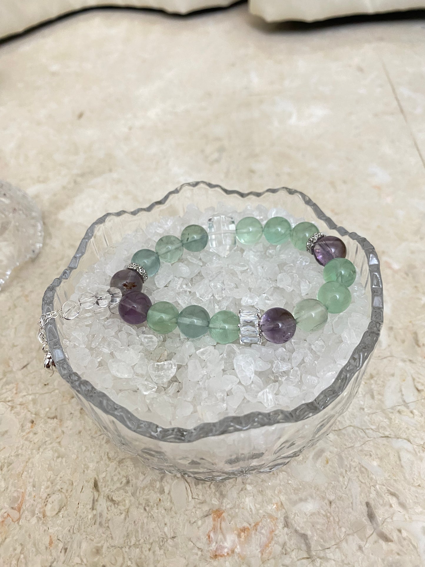Crystal- Green quartz/purple ghost/white crystal double point/white crystal running ring bracelet