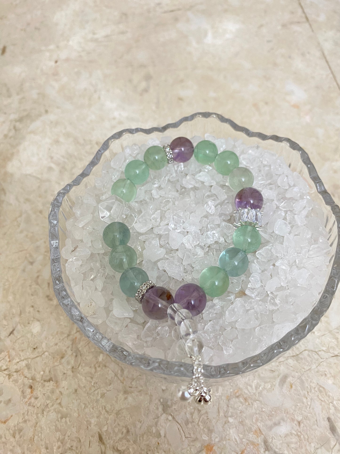 Crystal- Green quartz/purple ghost/white crystal double point/white crystal running ring bracelet