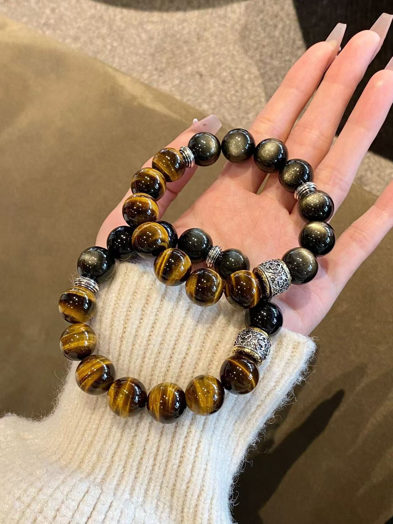 Crystal- 招財能手 黃虎眼/ 金曜石14mm Yellow Tiger Eye/Golden Obsidian