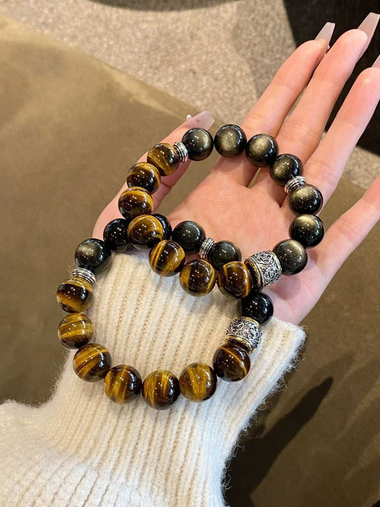 Crystal- 招財能手 黃虎眼/ 金曜石14mm Yellow Tiger Eye/Golden Obsidian