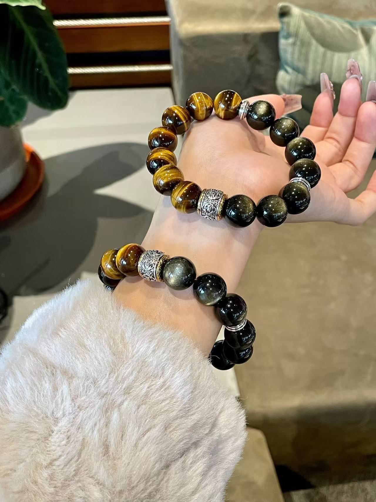 Crystal- 招財能手 黃虎眼/ 金曜石14mm Yellow Tiger Eye/Golden Obsidian
