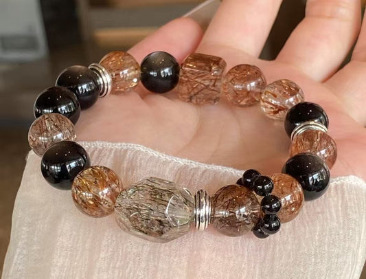 Crystal -特級銀曜石/高品質黑金超/黑金超隨型/黑金超方糖/黑曜石跑環 手鍊 約12mm