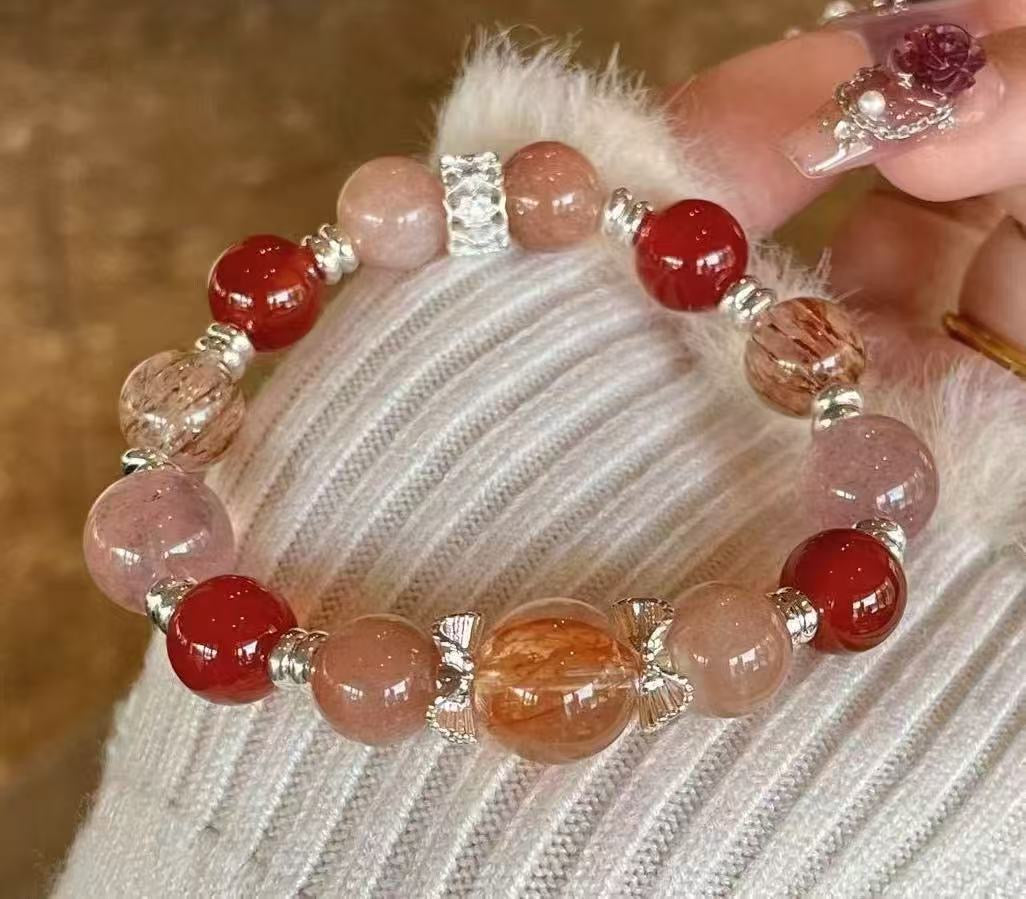 Crystal- 太陽石/黑金超/紅膠花/紅瑪瑙/草莓晶手鍊 Sunstone/Black Gold/Red Gum Flower/Red Agate/Strawberry Quartz Bracelet Approx. 10-12mm bracelet