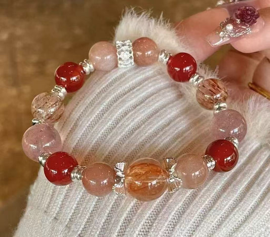 Crystal- 太陽石/黑金超/紅膠花/紅瑪瑙/草莓晶手鍊 Sunstone/Black Gold/Red Gum Flower/Red Agate/Strawberry Quartz Bracelet Approx. 10-12mm bracelet